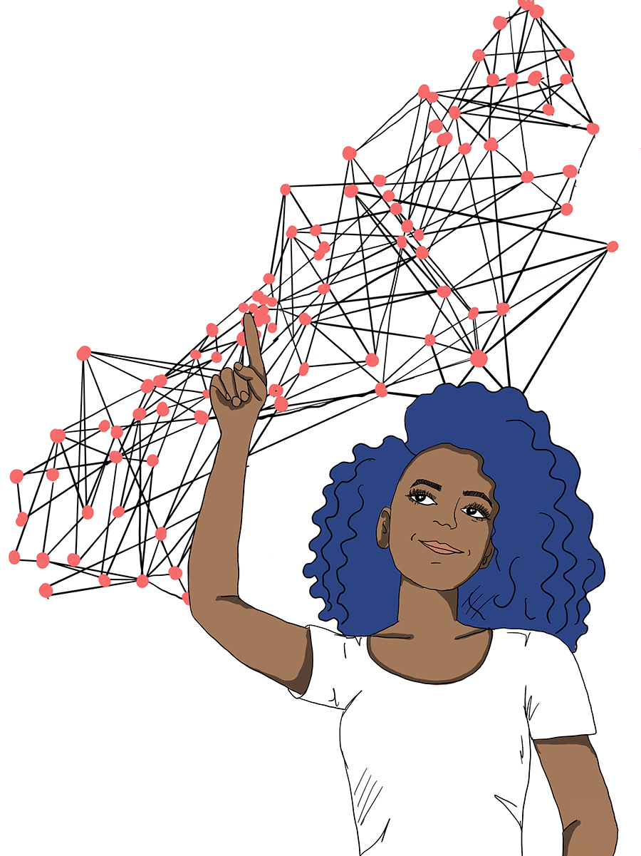 A woman pointing to a network.