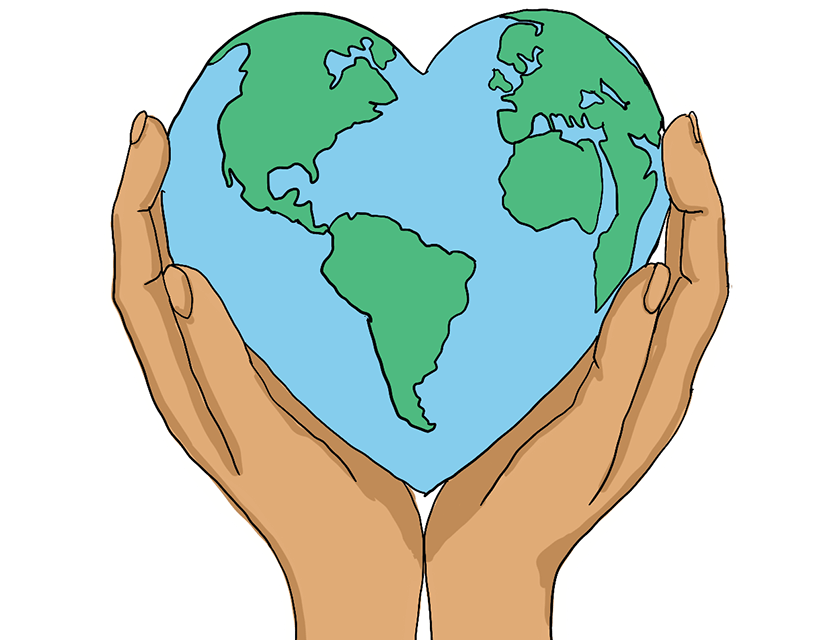 Deux mains tenant un globe terrestre en forme de cœur.