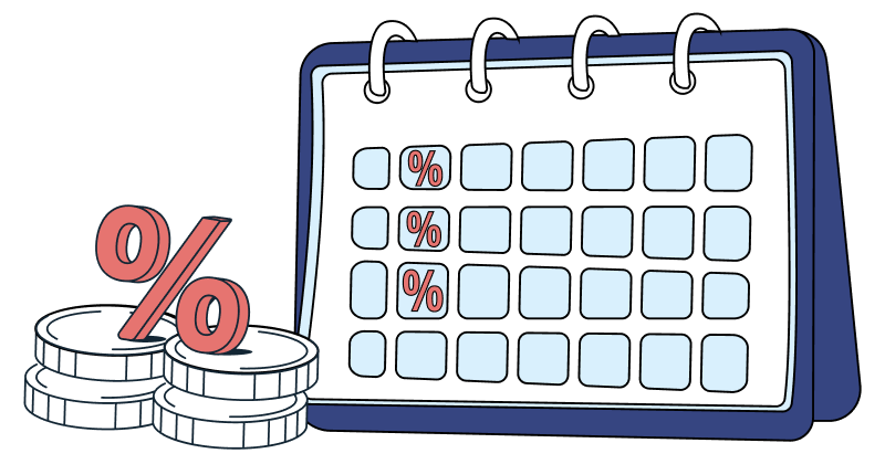 Illustration d'un calendrier avec des pièces de monnaie et un signe de pourcentage.