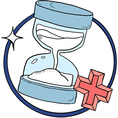 Eine Sanduhr mit einem Stern und einem roten Erste-Hilfe-Kreuz