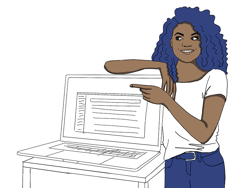 Eine Frau, die auf einen großen Laptop zeigt.