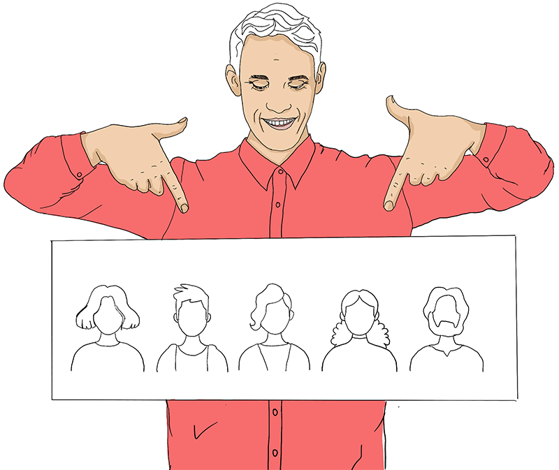 A man pointing at a poster with different people on it.