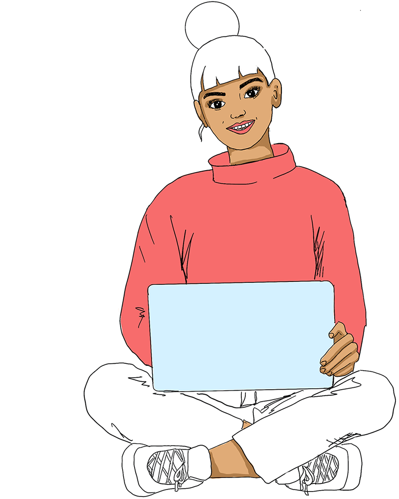 Une femme assise en tailleur avec un ordinateur portable sur les genoux.