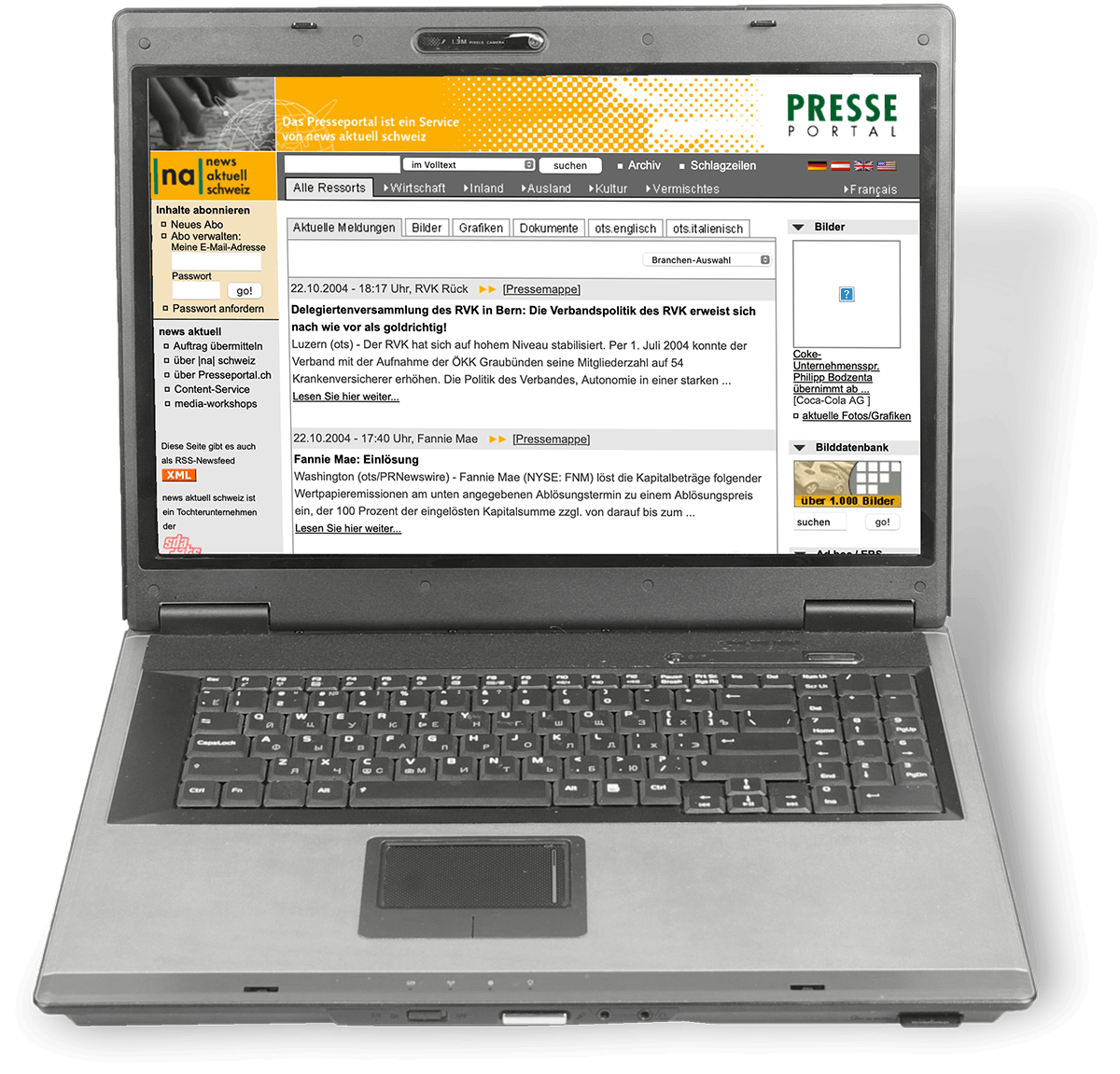 Ein Laptop, auf dessen Bildschirm die Presseportal Website im Jahr 2001 zu sehen ist.