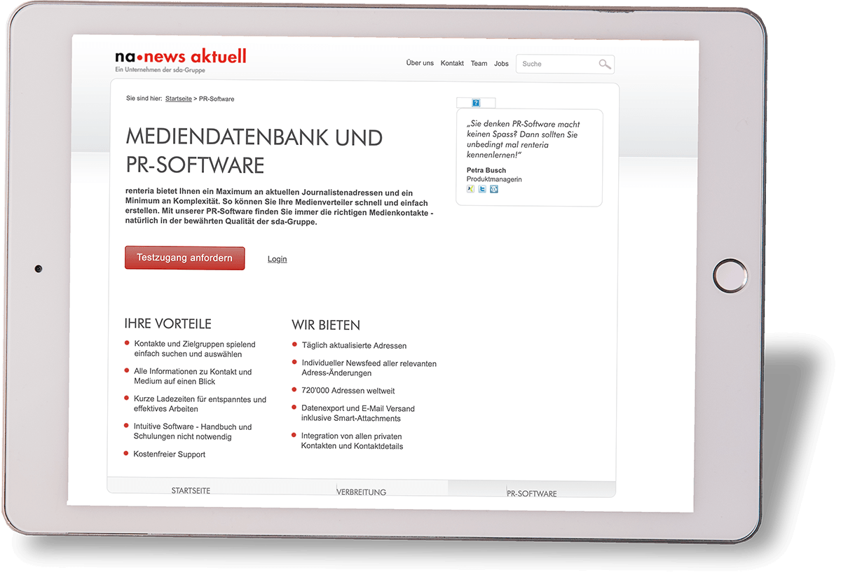 Ein Tablet, das die renteria Website im Jahr 2013 zeigt.